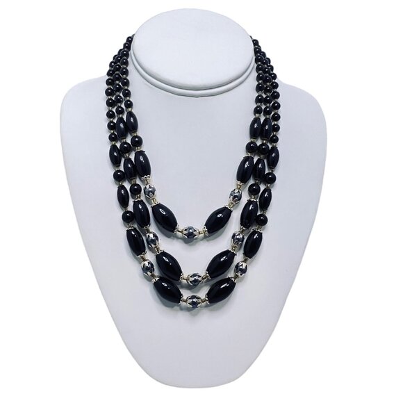 Triple Strand Black And Iridescent Beaded Necklace (801) - Picture 1 of 7
